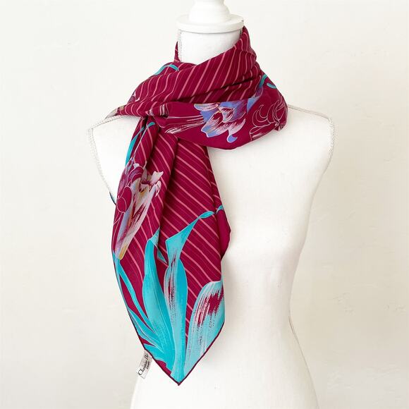 DIOR Vintage Floral Hawaiian Silk Scarf Burgundy Blue - Picture 1 of 8